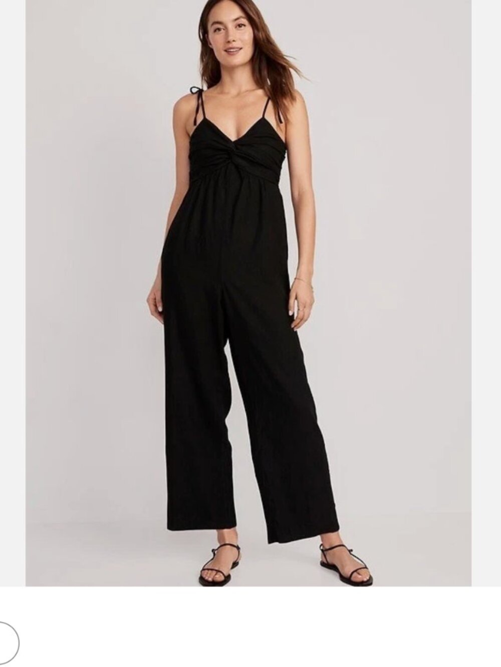 OLD NVAY Black linen Blend Tie-Shoulde Twist-Front Smocked Jumpsuit Size M